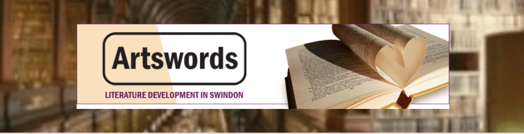 ArtsWords book heart logo, slogan: 'Literature development in Swindon'